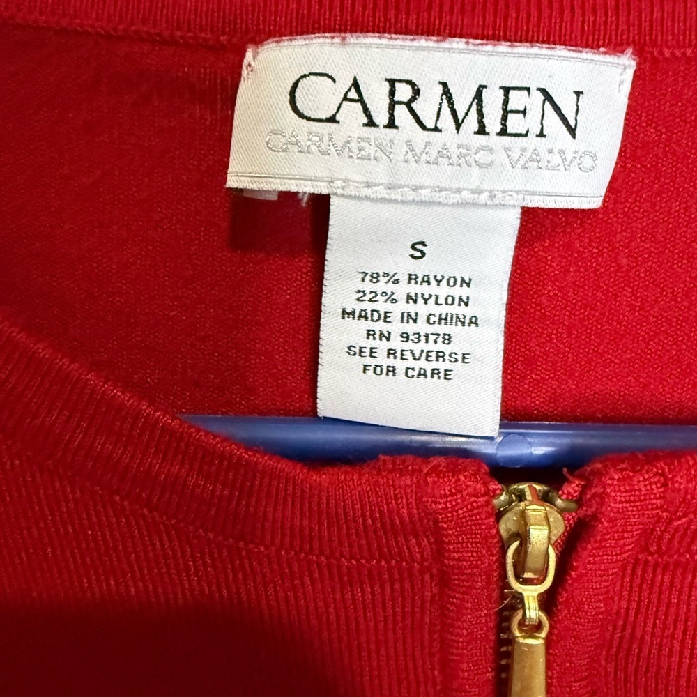 Carmen Marc Valvo Red Zip Front Rib Knit Cardigan Top Size Small Elegant - Picture 2 of 4